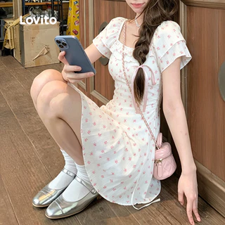 (New Arrival) Lovito ชุดเดรสลําลองสําหรับผู้หญิง มีซิปและระบาย ลายดอกแอปริคอต เหมาะสําหรับฤดูใบไม้ผลิและฤดูร้อน เกาหลี อินเทรนด์ L197AD120