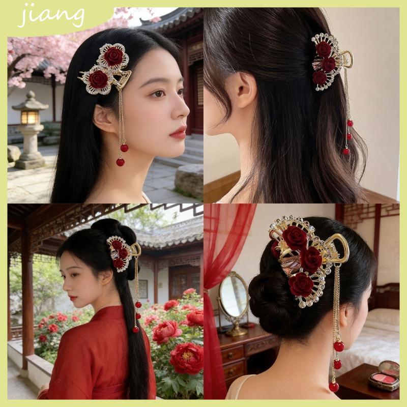 JN Romance Flocking Rose Hairpin คลิปสีแดงสดพร้อมการออกแบบพู่ห้อยสําหรับสวมใส่ทุกวันหรือโอกาสพิเศษ