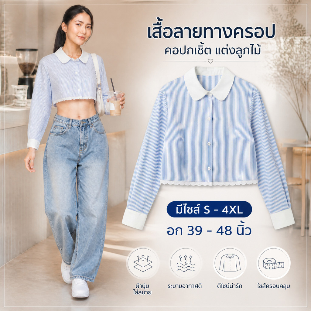 เสื้อเชิ้ตครอป ลายริ้วฟ้าขาว S-5XL ปกบัวมน ชายเสื้อแต่งลูกไม้ฉลุ สไตล์เกาหลี มินิมอลใส่เที่ยวคาเฟ่