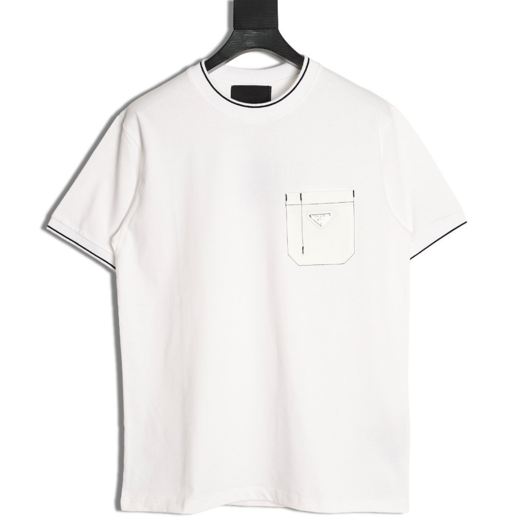 Prada/Prada 2026 คลาสสิกรอบคอแขนสั้นเสื้อยืดผู้ชายผู้หญิงสไตล์รอบคอกลางแจ้งด้านบนด้านในพิมพ์เสื้อยืด