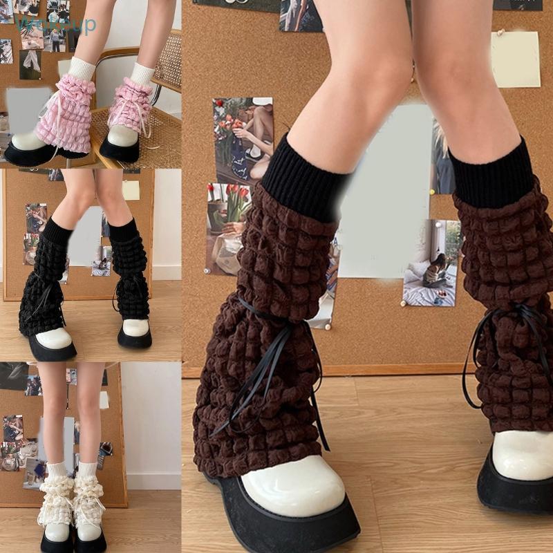 WOKE พัฟขาอุ่น Harajuku Sweet Lolitas Boot ถุงเท้า Lace Up ข้อเท้า Heap ถุงเท้า