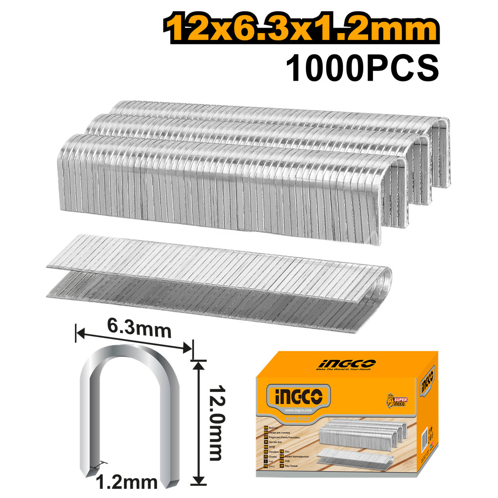 INGCO ลูกแม็คกระดาษ ลูกแม็กหัวโค้ง (1000 นัด/กล่อง) ขนาด 12 x 6.3 x 1.2 มม.รุ่น STS0412 สำหรับเครื่องยิงแม็กซ์ HSG1405