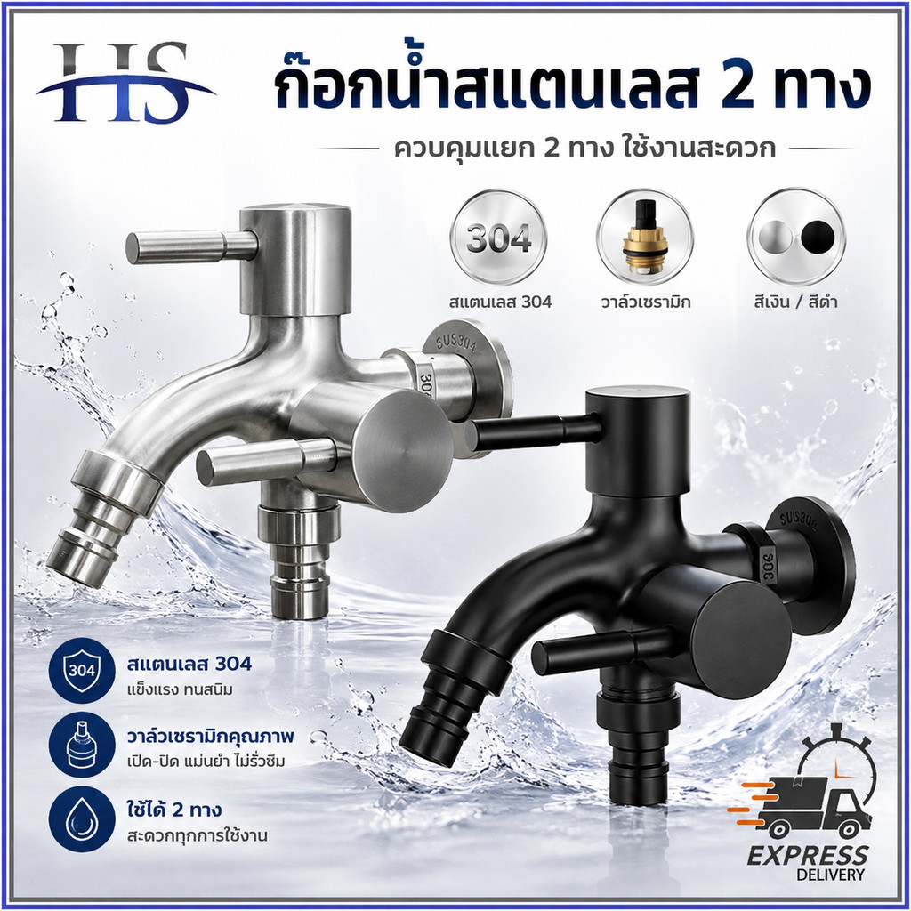 ก๊อกน้ำ สแตนเลส 304 ก๊อก 2 ทาง 2 หัว อเนกประสงค์ สำหรับเครื่องซักผ้า ชุดชำระ ฝักบัว ไม่เป็นสนิม
