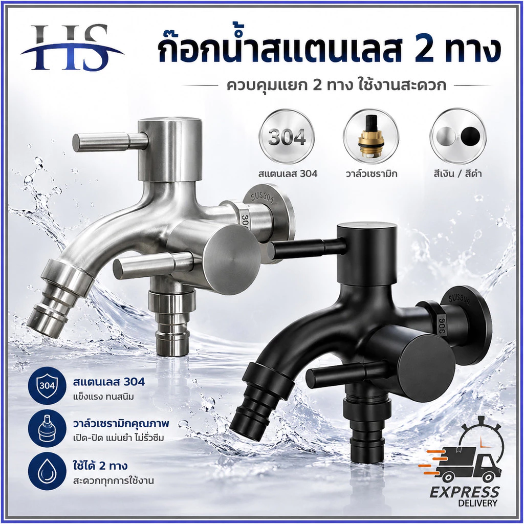 ก๊อกน้ำ สแตนเลส 304 ก๊อก 2 ทาง 2 หัว อเนกประสงค์ สำหรับเครื่องซักผ้า ชุดชำระ ฝักบัว ไม่เป็นสนิม
