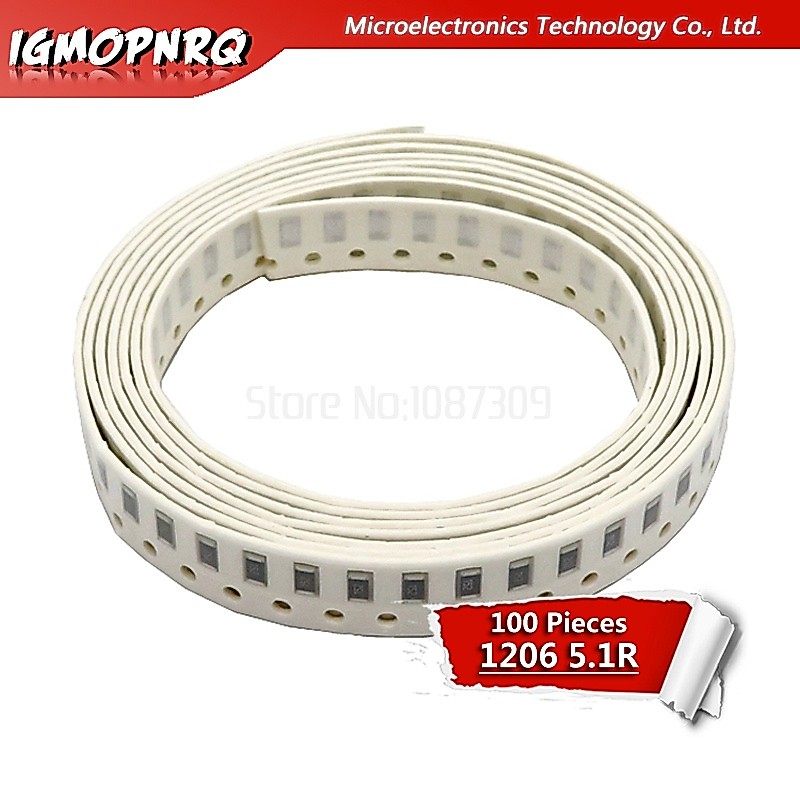 ชิปตัวต้านทาน 1206 SMD 5% 5.1 โอห์ม 0.25W 1/4W 5R1 5.1R 100 ชิ้น