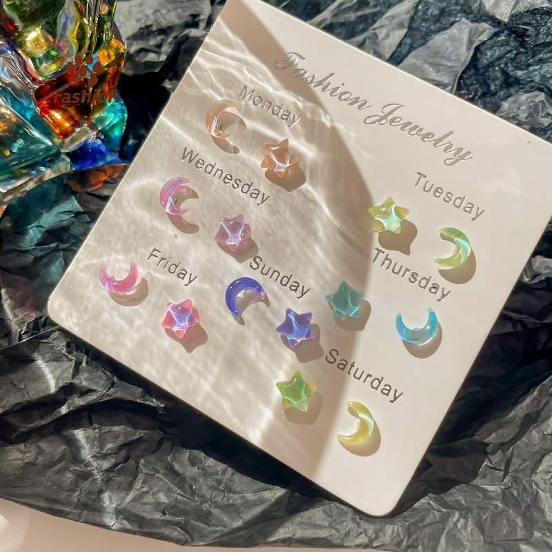 [Fas-t] Fantastic Fairy สีสัน Star Moon ต่างหูสตั๊ดชุดผู้หญิง Y2K สีชมพูสีม่วงโปร่งใสน่ารักต่างหูเครื่องประดับของขวัญ