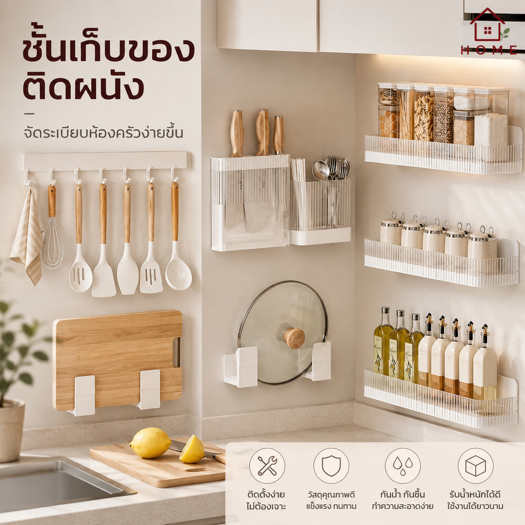 Home007 ชั้นวางของในครัว อุปกรณ์ครัว ติดผนัง ไม่ต้องเจาะ ที่ใส่มีด กล่องเก็บพลาสติก ที่วางฝาหม้อ กล่องเก็บช้อนส้อม