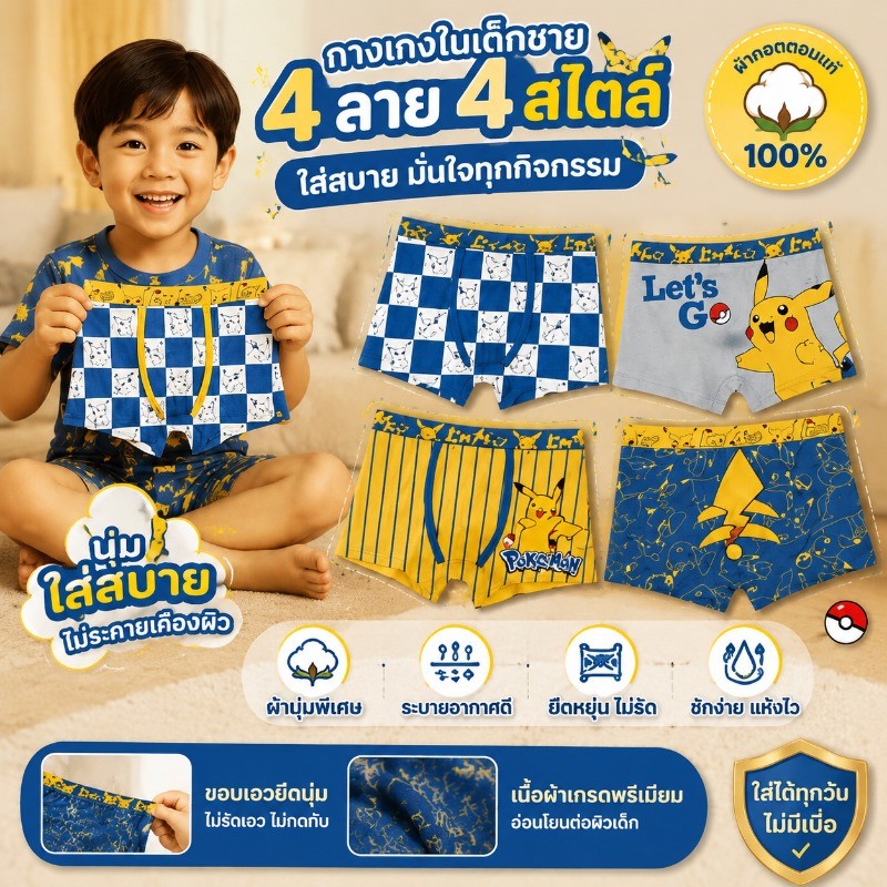 กางเกงในเด็กชาย ลายโปเกมอน Pikachu เซ็ต 4 ตัว ลาย 4 สไตล์สุดฮิต ผ้า Cotton 100%นุ่มสบายระบายอากาศดีไม่อับชื้นยืดหยุ่นสูง