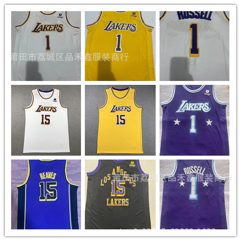 จัดส่งในวันเดียวกัน!!Lakers Lakers Jersey 15 Reaves Reaves 1 Russell ปักชุดบาสเกตบอล