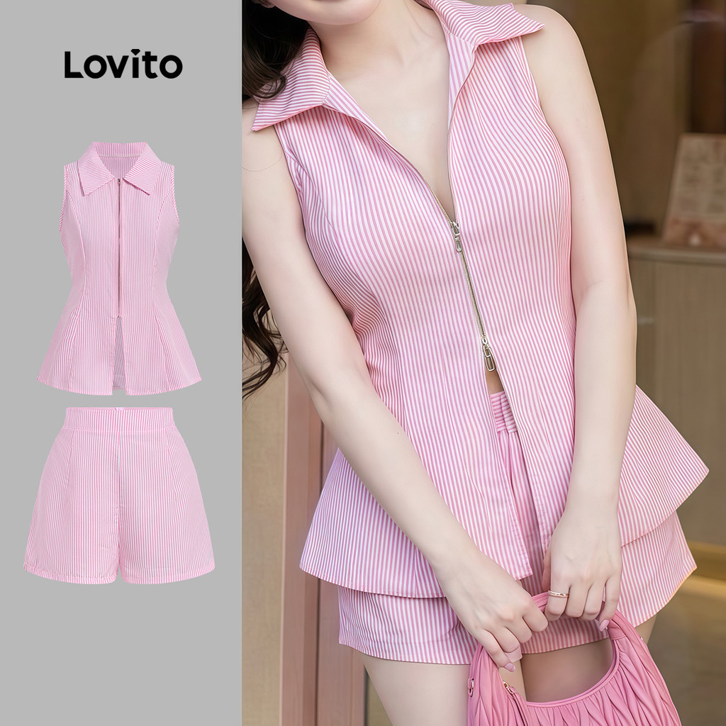 Lovito เสื้อหรือกางเกงลําลองแบบติดซิปคอปกตัดกันสัมผัสลายเส้น สีชมพู ชุดสูทฤดูร้อนสําหรับผู้หญิง L190ED153