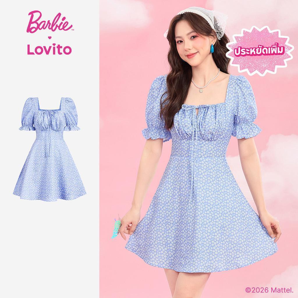 [Summer Sale] (New Arrival) Barbie™ X Lovito แคชชวล ชุดเดรสผู้หญิงทรงปล่อยจีบระบาย สําหรับฤดูใบไม้ผลิและฤดูร้อน DRBL4PAD017