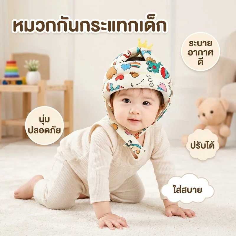หมวกกันกระแทกเด็ก 360องศาปกป้องรอบศีรษะ ปรับขนาดได้ ระบายอากาศนุ่มเบา ใส่สบายไม่อับง่าย