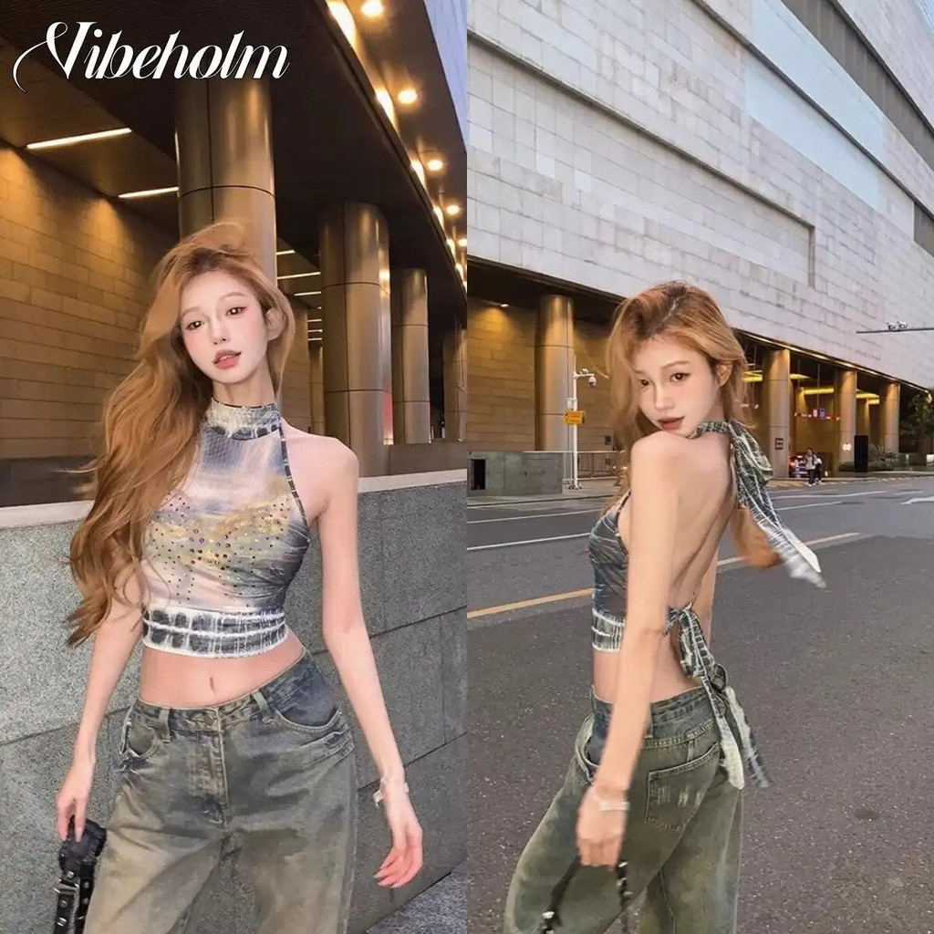 เซ็กซี่ยุโรปอเมริกันสไตล์สุภาพสตรีเสื้อกั๊ก.ฤดูร้อนที่ไม่มีสายหนังด้านบนกับพิมพ์ผีเสื้อและตกแต่งพลอยเทียม.เสื้อกั๊กเชือกแขวนคอเซ็กซี่สามารถสวมใส่นอกแขน