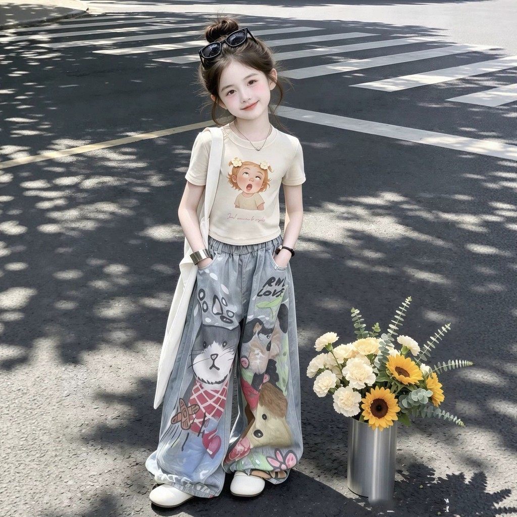 [คลังสินค้าพร้อม] 2026 ชุดสูทแขนสั้นเด็กผู้หญิงสไตล์ใหม่สาวฤดูร้อนเย็นแฟชั่นพิมพ์กางเกงยีนส์กราฟฟิตีแขนสั้น