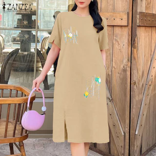 ชุดแขนสั้นสไตล์เกาหลีสำหรับผู้หญิง พิมพ์ลายปุ่มตกแต่งจาก ZANZEA