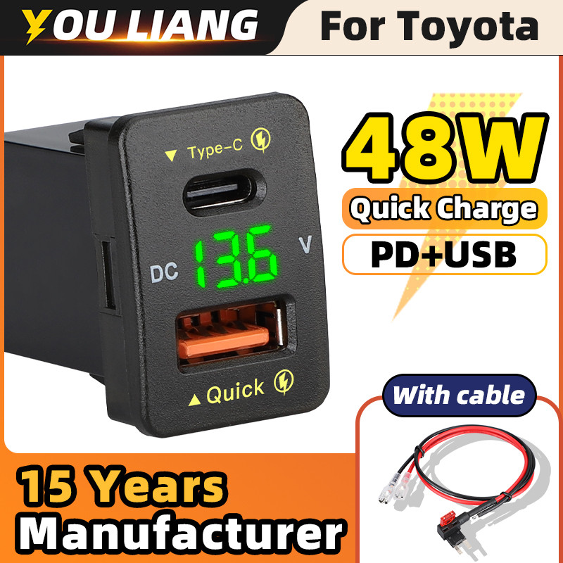 อะแดปเตอร์ซ็อกเก็ตชาร์จ 48W 12V-24V QC3.0 Usb สําหรับ Toyota Led โวลต์มิเตอร์ Type-C Port Plug