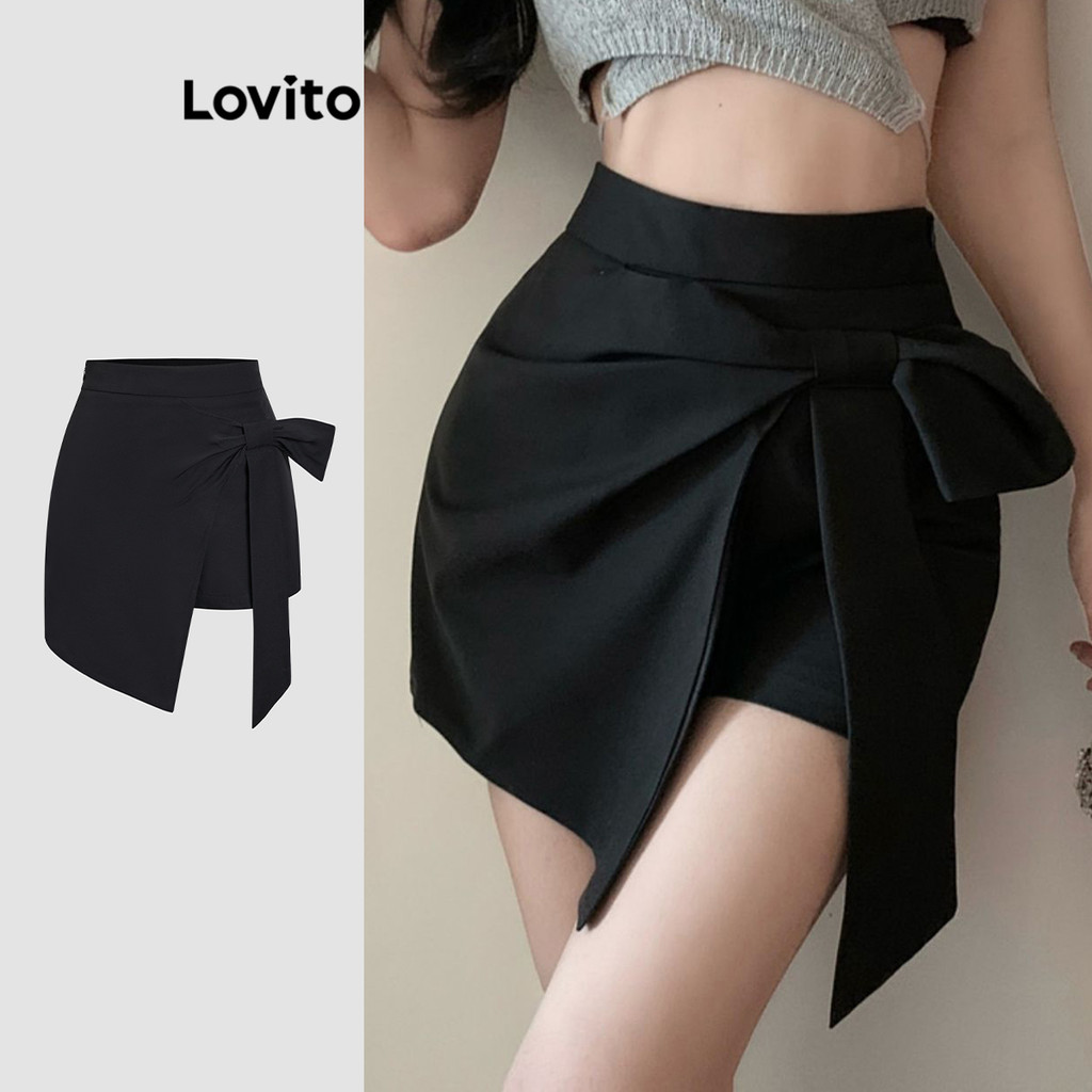 Lovito กางเกงขาสั้นที่สง่างามธรรมดาห่อผูกด้านหน้ากางเกงขาสั้นฤดูร้อนสําหรับผู้หญิง L113MD581