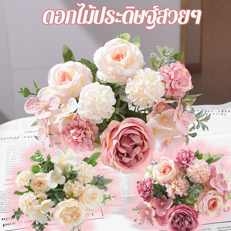 COD ดอกไม้ประดิษฐ์ ต้นไม้ประดิษฐ์ในกระถาง ช่อดอกโบตั๋น 7 ดอก 3 สี DIY สําหรับตกแต่งบ้าน