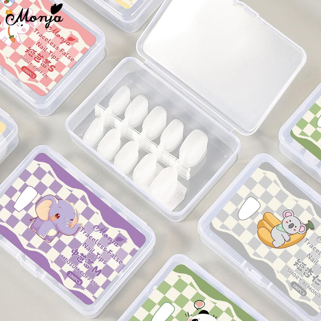 Monja 100pcs เล็บปลอม Matte กดบนเคล็ดลับ รูปไข่โลงศพคลุมทั้งหมดอะคริลิค PVC เล็บปลอมเคล็ดลับ presson