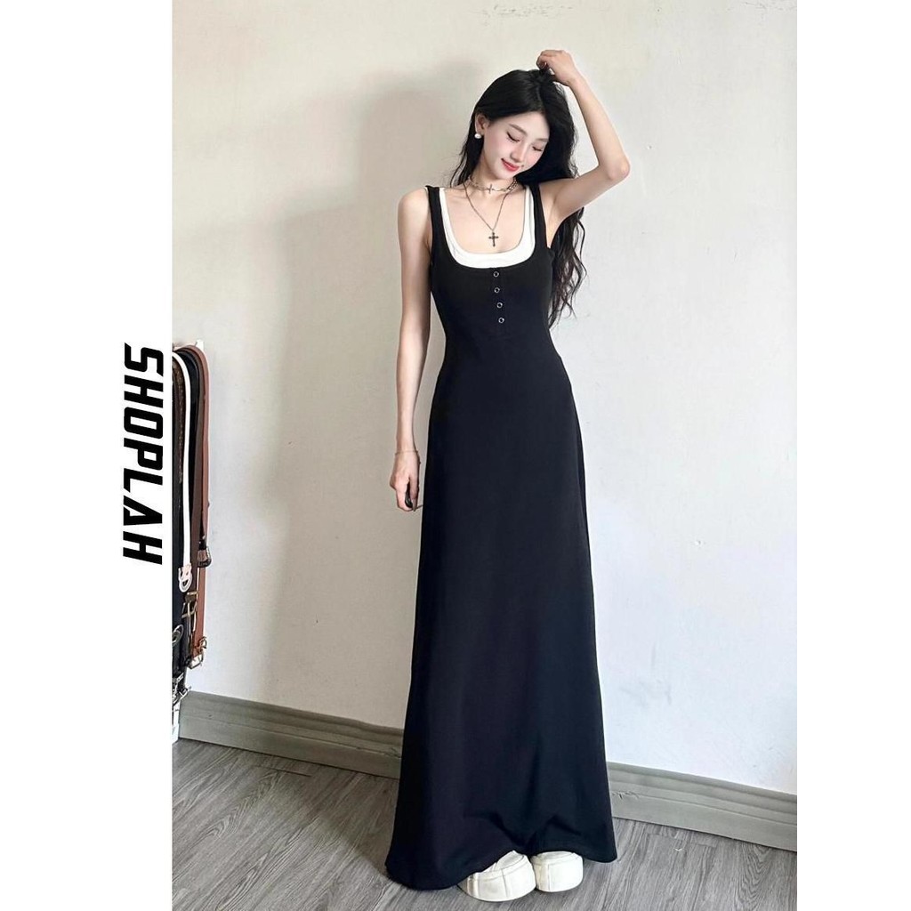One Piece Dress เดรสแขนกุด ขนาดใหญ่ออกแบบปลอมสองชิ้นชุด One Piece Niche เอวแคบชุด One Piece Slimmer ดู A-Line ชุดเดรสยาวสีดําแขนกุดชุดแขวนชุดเสื้อกั๊กเสื้อผ้าผู้หญิง