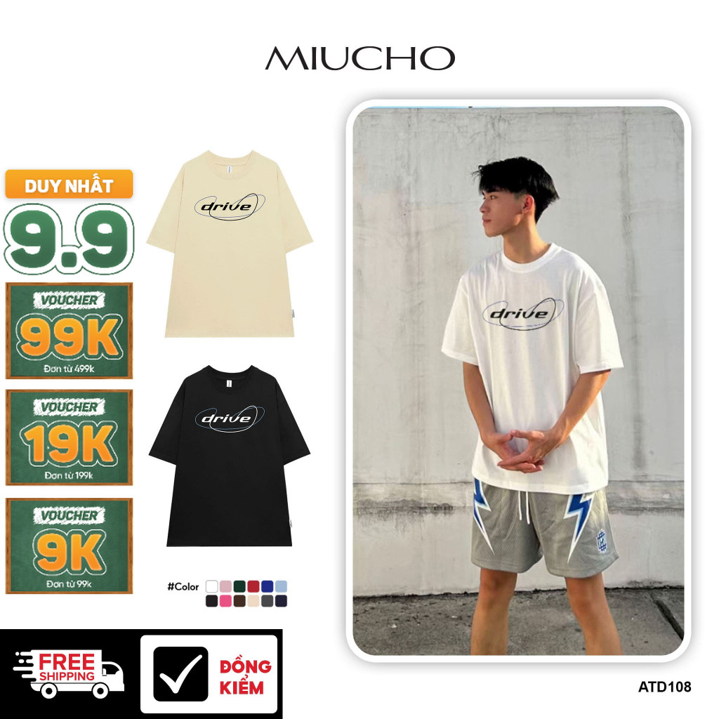 เสื้อยืดผู้ชายทรงหลวมแขนสั้น คอกลม ผ้าคอตตอน ATD108 Miucho พิมพ์ลาย Typographic