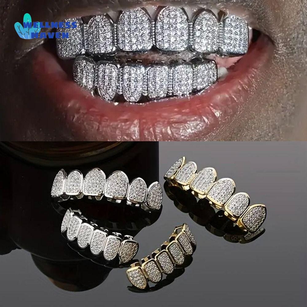 WellnessHaven ชุดฟัน Grillz สไตล์ Hip Hop และ Punk ออกแบบให้ถอดได้ง่าย มาพร้อม Top & Bottom Set เพชร