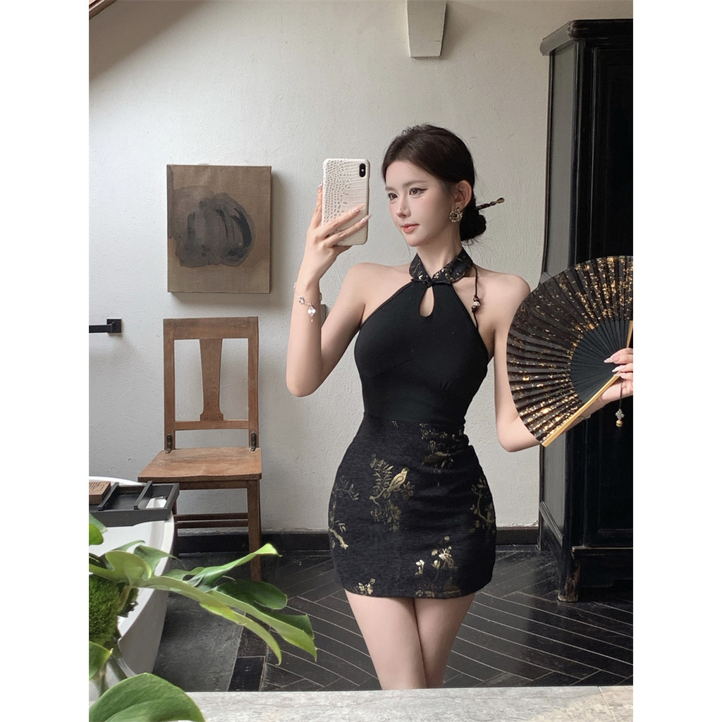ชุดผู้หญิงสไตล์จีน Halter Neck แบบคลาสสิกและเรียบหรู ทรงSlim-fit Jacquard A-line เหมาะสำหรับฤดูร้อน - รูปที่ 6