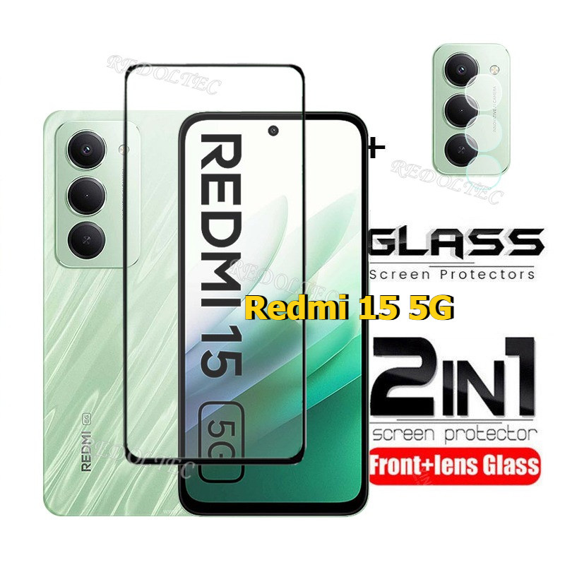 Redmi 15 5G ฟิล์มกระจกนิรภัย 2 in 1 ป้องกันหน้าจอและเลนส์กล้องเต็มจอ กาวเต็มขอบ