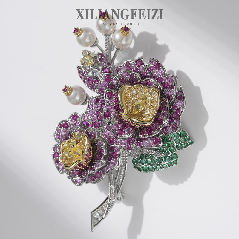 French Court Retro สามมิติ Rose Bouquet เข็มกลัดผู้หญิง Elegant Coat Pin