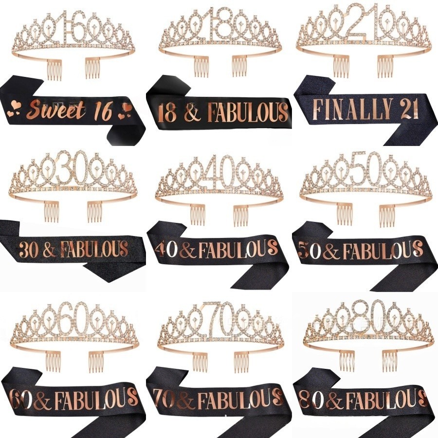 ครั้งที่ 16, 18, 21st, 30, 40, 50, 60, 70th, 80th Birthday Crown + Belt + Pin Set, Elegant for Birth