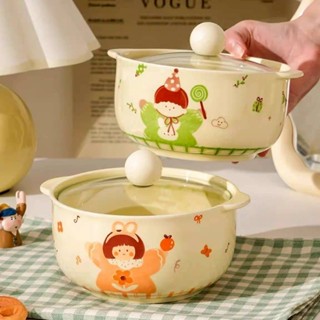 ชุดชามเซรามิกมีหูจับ ฝาแก้วใส มีที่จับไม่ร้อนมือ ลายน่ารัก ใ…