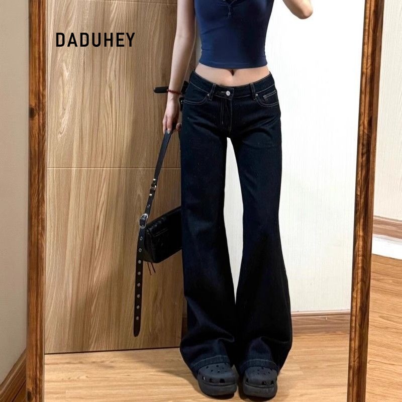 DaDuHey Women's Straight Jeans Korean-Style Retro Dark Blue Low Waist Bootcut Trousers | 9079