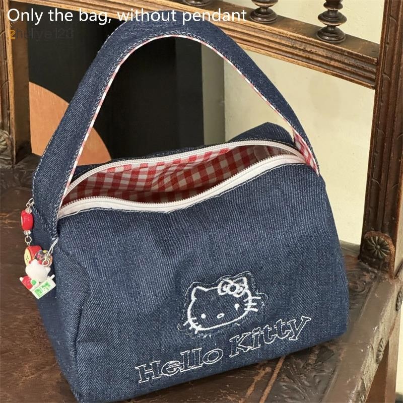 <zhuliye123> น่ารัก Hello Kitty Denim กระเป๋าเครื่องสําอางขนาดใหญ่ความจุ Vintage Contrast กระเป๋าถือ