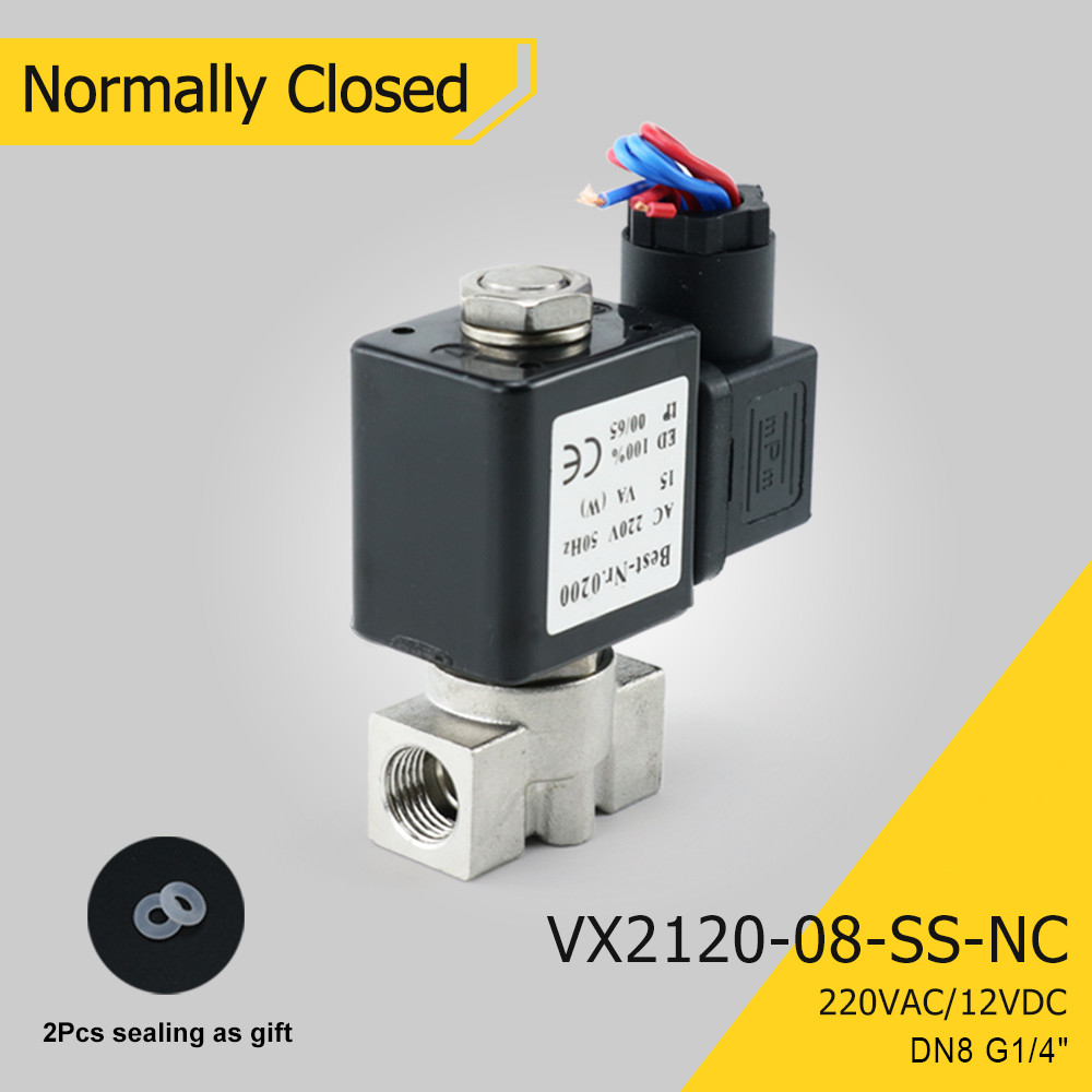 1/4 "DN8 VX2120-08-SS-NC ปกติปิดสแตนเลสโซลินอยด์วาล์ว 12V 220V อุปกรณ์ท่อ