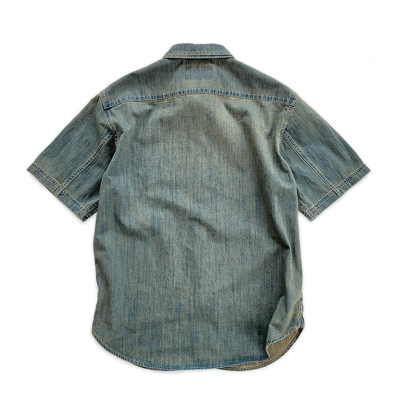 Silibu ฤดูร้อนผ้าฝ้ายแท้ Denim เสื้อเชิ้ตครึ่งแขน Ami สีกากี Retro Casual สินค้าใหม่ Non-rrl kapital