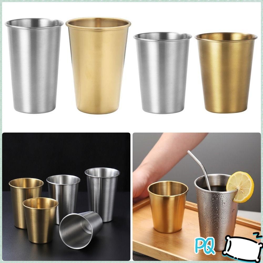 PQ 1 ชิ้นถ้วยเบียร์ Whisky, Gold Silver Travel Camping ถ้วยสแตนเลสกลางแจ้ง, 260-500ml 304 สแตนเลสชาก