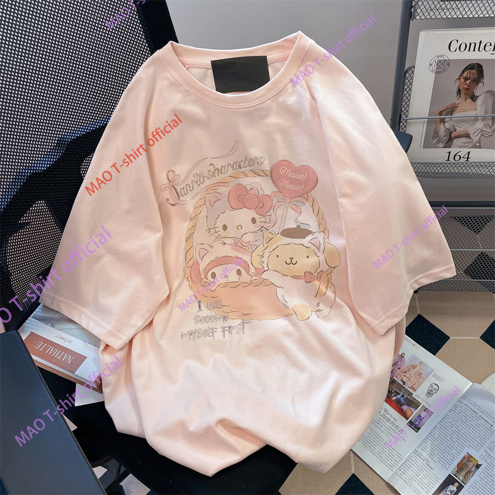 COD✅ (จัดส่งในกรุงเทพฯ) MAO Shop น่ารักสีชมพูผ้าฝ้ายแขนสั้นเสื้อยืดผู้หญิงฤดูร้อนหลวม Ocean Air ลดอายุครึ่งแขนด้านบน