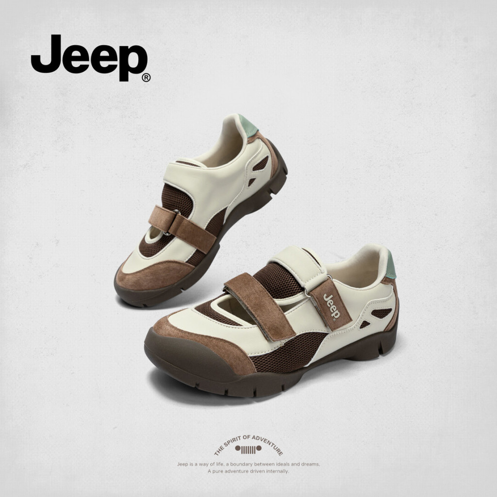 Jeep รองเท้าผู้หญิงสไตล์ใหม่ Hollow น้ำหนักเบาที่มีพื้นรองนุ่มและสายคาดVelcro สไตล์Mary Jane สีเบจ