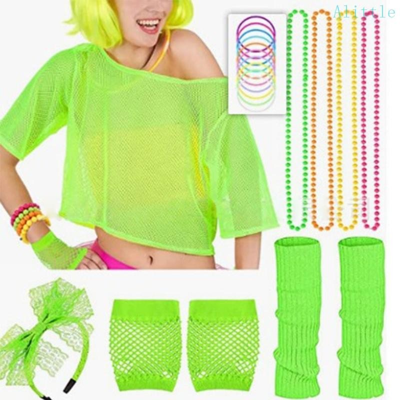 Alia 80s ชุดแฟนซีสำหรับผู้หญิง กับของตกแต่งผม ต่างหู ถุงมือตาข่าย และสร้อยคอ เหมาะสำหรับงานปาร์ตี้เร