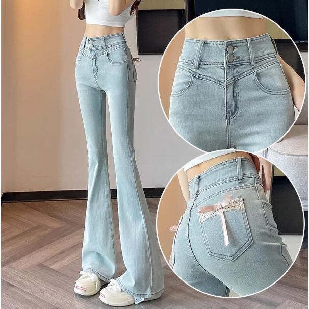 S-2XL กางเกงขาบานยกสะโพกสำหรับผู้หญิง ดีไซน์เฉพาะ เอวสูง ยางยืด และกางเกงยีนส์ขาบาน
