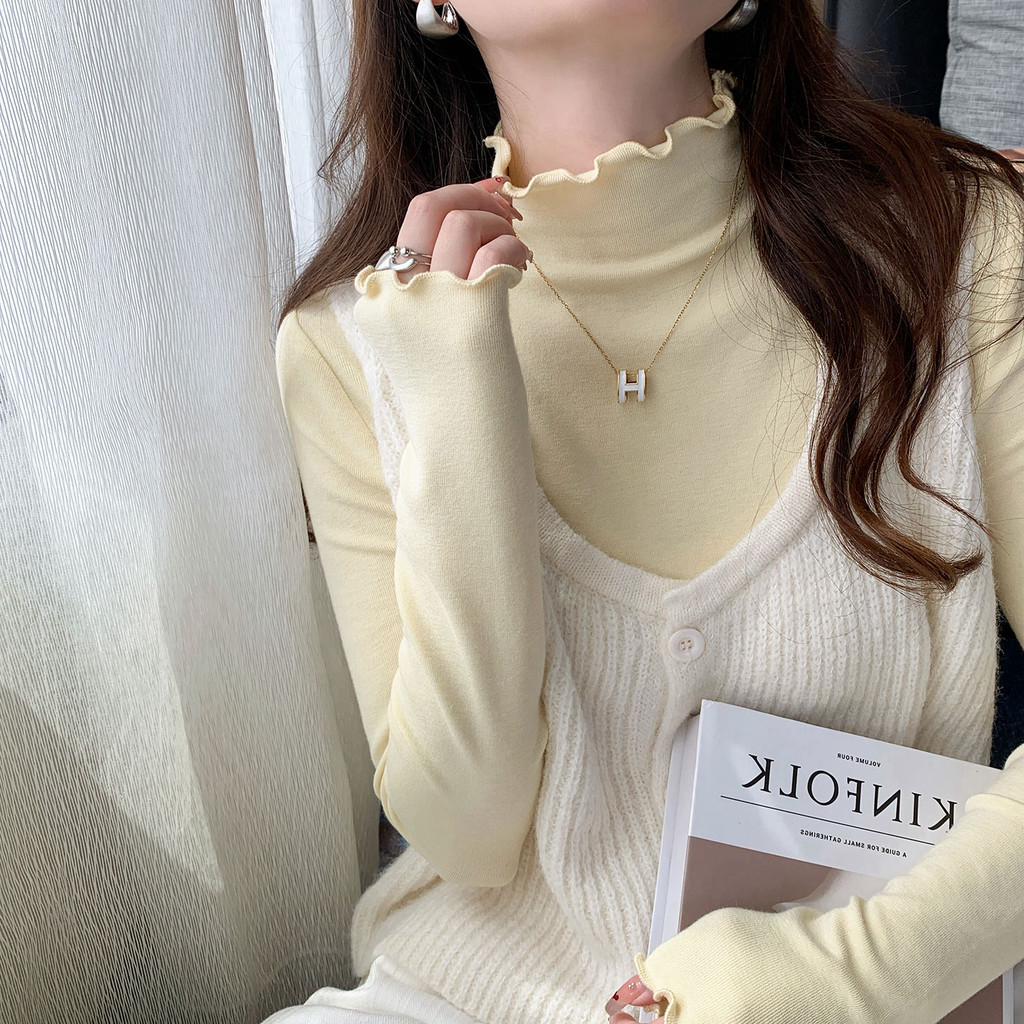 เสื้อถักแขนยาวผู้หญิง สไตล์ตะวันตก ลดอายุ แบบคอปก