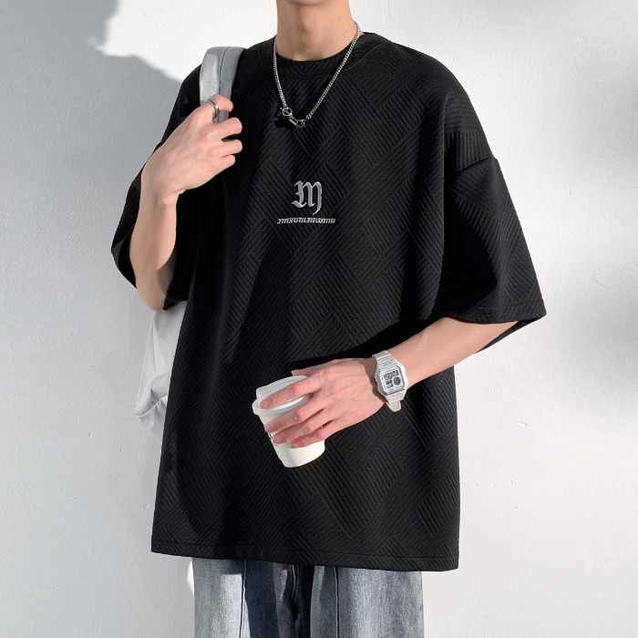 2025 NEW 2025 Summer Trend Casual Knitted Waffle Jacquard Embroidered Round Neck Men's Short Sleeve 