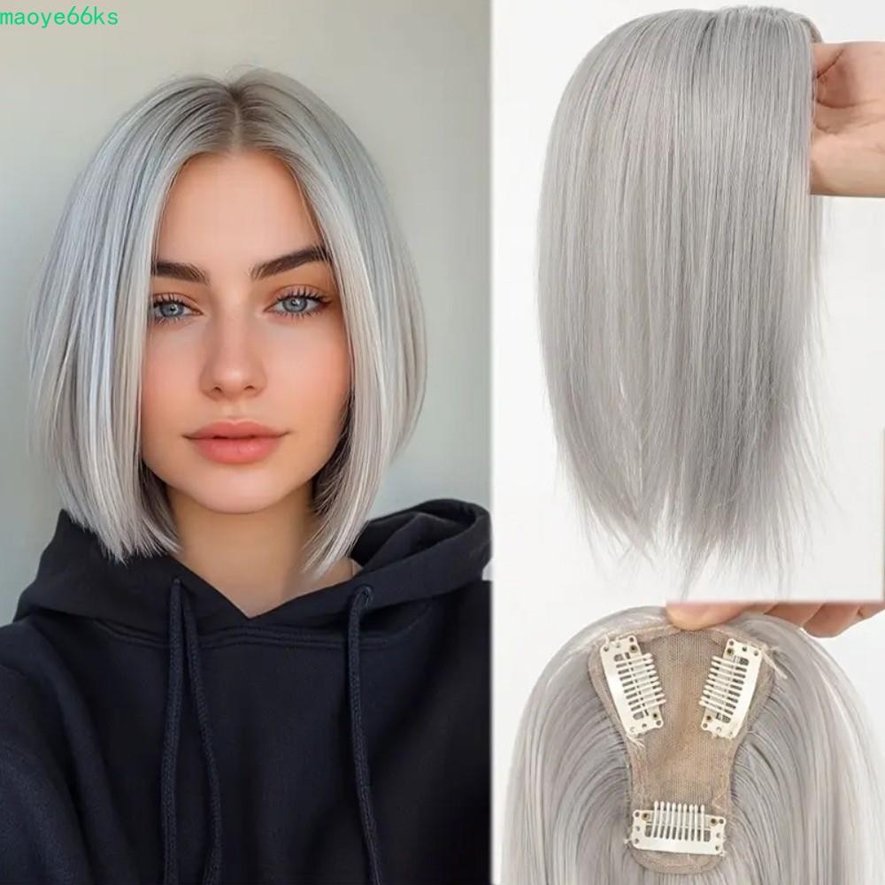 MAOYE Hair Toppers วิกผมหน้าม้าแบบธรรมชาติ วิกผมสังเคราะห์ไม่มีรอยต่อ สำหรับผมสีขาวและปิดผมบาง