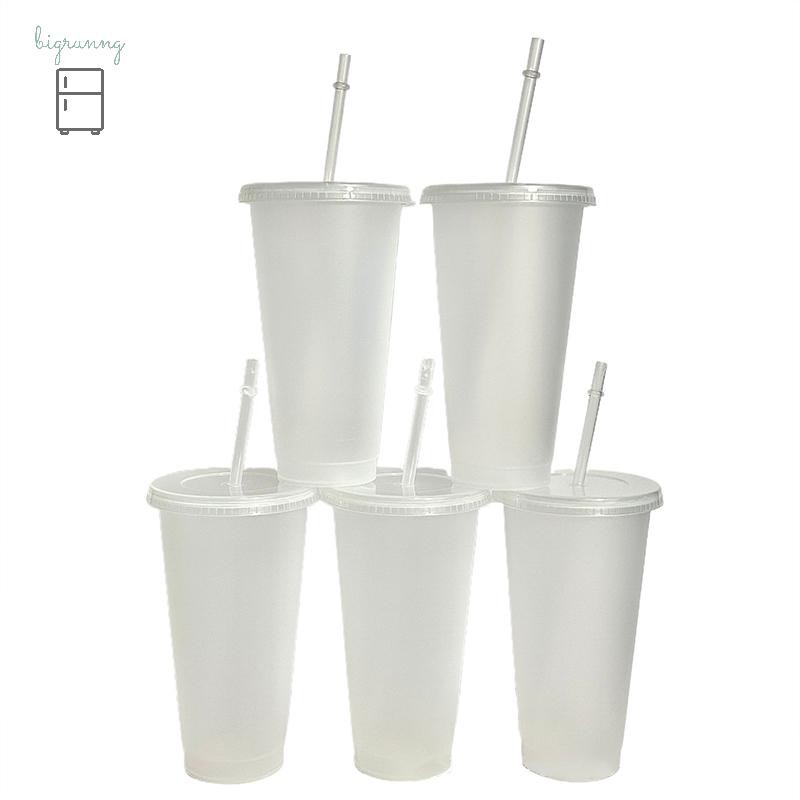 [bigrunng] 710ml ถ้วยฟางสีขาวพร้อมฝาปิดเปลี่ยนสีถ้วยกาแฟReusableถ้วยแก้วพลาสติกMatte Finishแก้วกาแฟถ