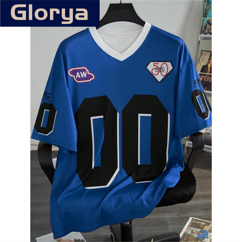 เสื้อยืดบาสเก็ตบอลแขนสั้น สไตล์เกาหลี Y2K ไซส์L คอลายชมพู V-neck