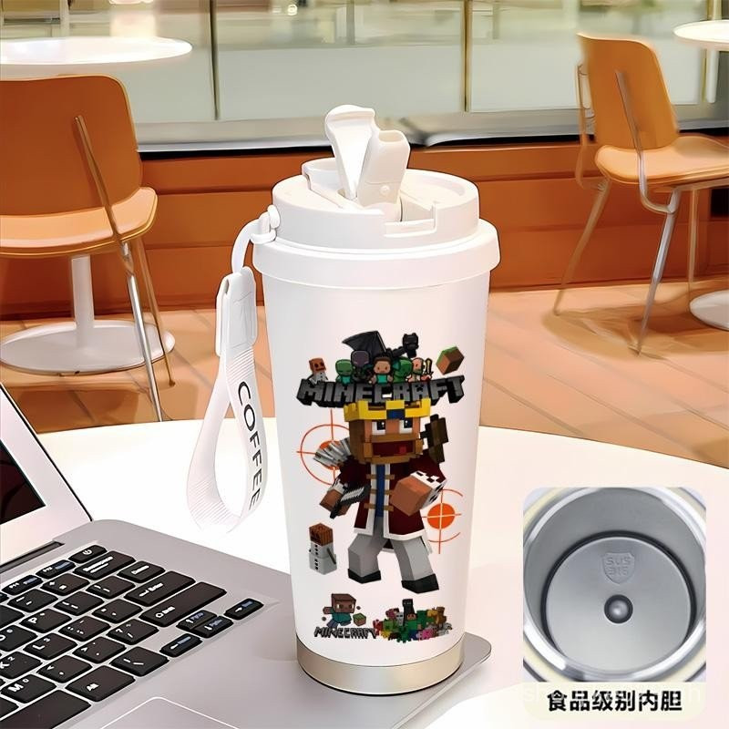 530ml Minecraft ถ้วยกาแฟถ้วยน้ําทนความร้อนเด็กถ้วยฟาง Tumbler Cold-tolerance Anti-Fall สูญญากาศขวด T