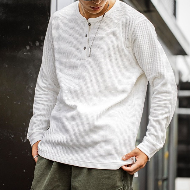 MRA ยี่ห้อ Henry คอปกไหล่ 300g heavyweight เสื้อแขนยาวสีขาวพร้อมชุดฤดูใบไม้ร่วงผู้ชายสไตล์วินเทจ