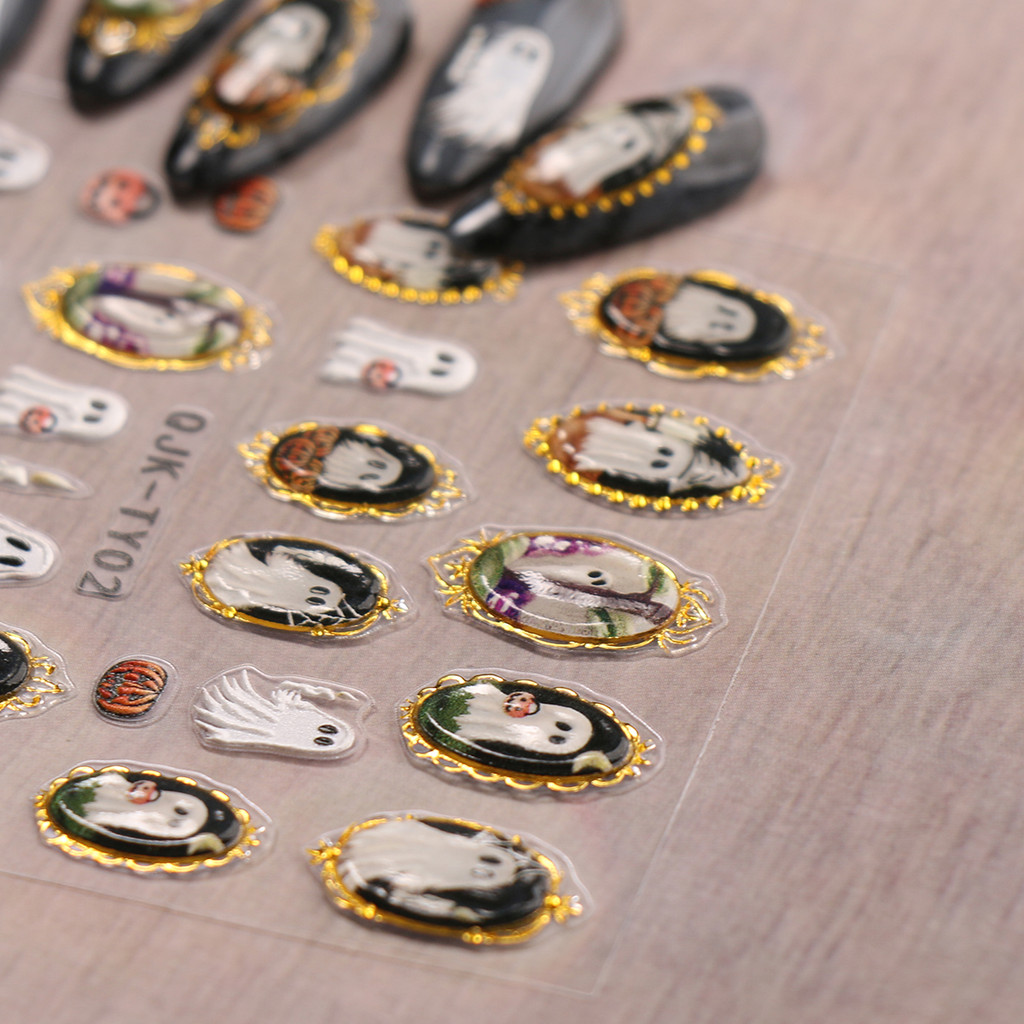 HAMA NAIL 5D นูนเล็บสติกเกอร์ขายส่งน่ารักการ์ตูนฮาโลวีนประณีต Little Ghost ฟักทองภาษาฝรั่งเศสคําตกแต่งเล็บทองนูนสติกเกอร์น้ํามัน Decals Holiday เล็บ - รูปที่ 5