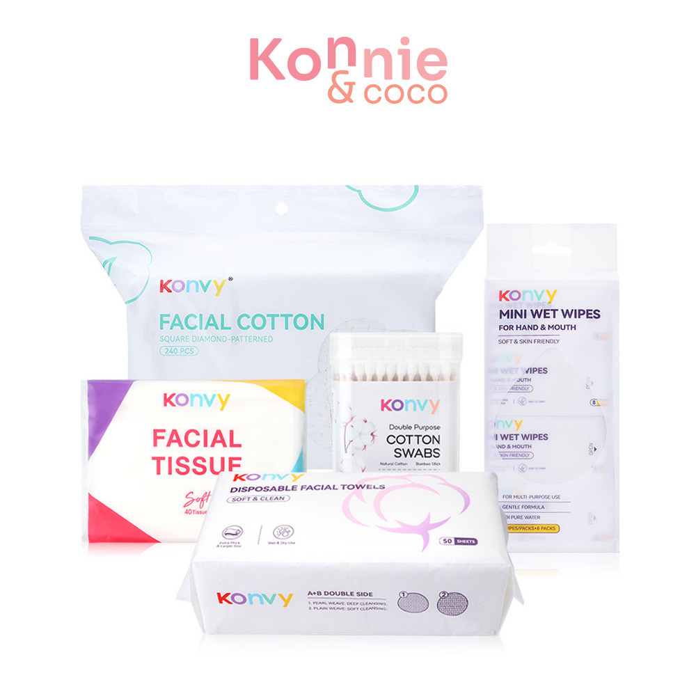 Konvy เซทใส่ใจ ทุกสัมผัสผิว [สำลีแผ่น+สำลีก้าน+ทิชชูเปียก+ทิชชูแห้ง+ผ้าเช็ดหน้า].