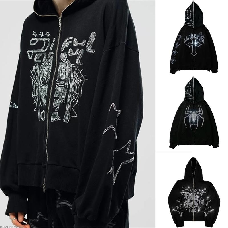 Seve Rhinestone กราฟิก Zip Up Hoodie สําหรับผู้หญิงผู้ชายขนาดใหญ่เสื้อกันหนาวแจ็คเก็ต Aesthetic Pull